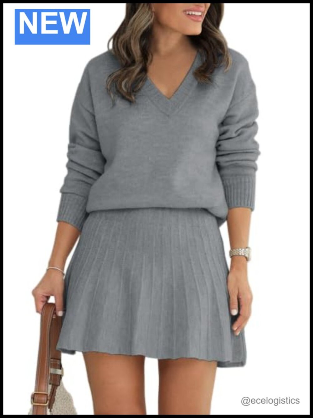 Women's 2 Piece Sweater Skirt Set with Long Sleeve V-Neck Top and Pleated Mini
